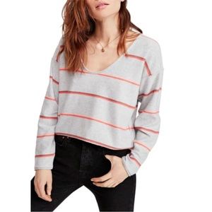 Free People Make You Mine Striped V-Neck Pullover Relaxed Sweater S-Medium